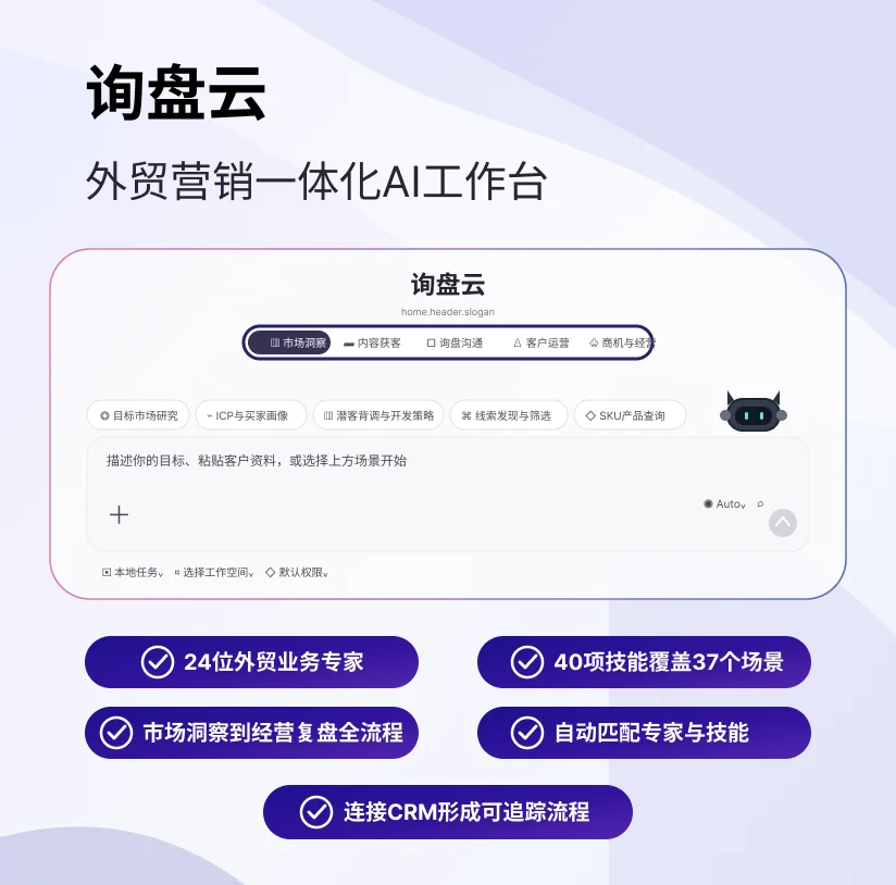 询盘云 Buddy 应用海报:24 位外贸业务专家、40 项技能覆盖 37 个场景、连接 CRM 形成可追踪流程